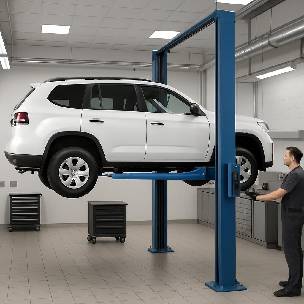 In a car repair shop, the technician is lowering the white SUV that was recently secured by an overhead lift. The vehicle ...