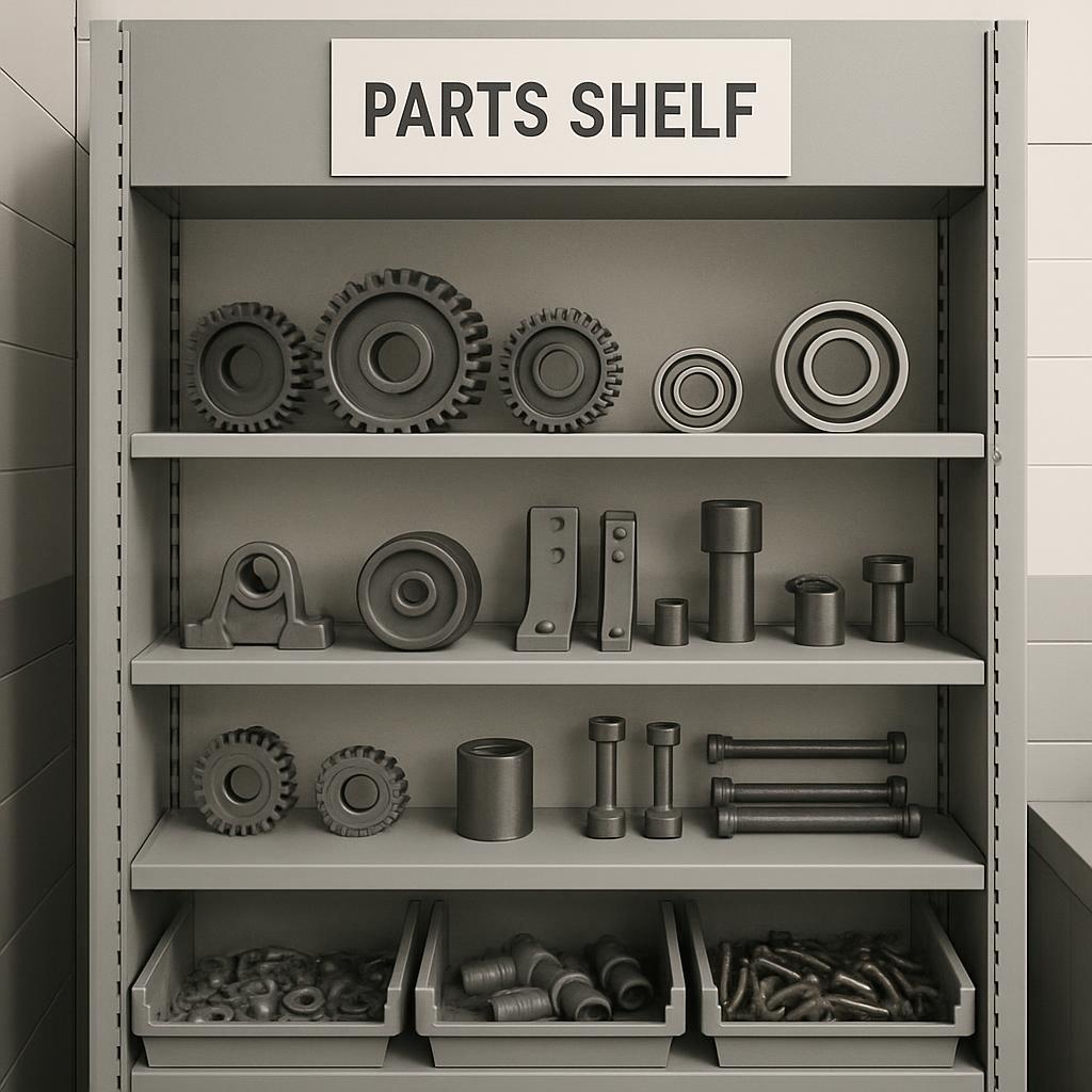An industrial shelving unit stocked with metal work parts, including gears, bolts and pipes.