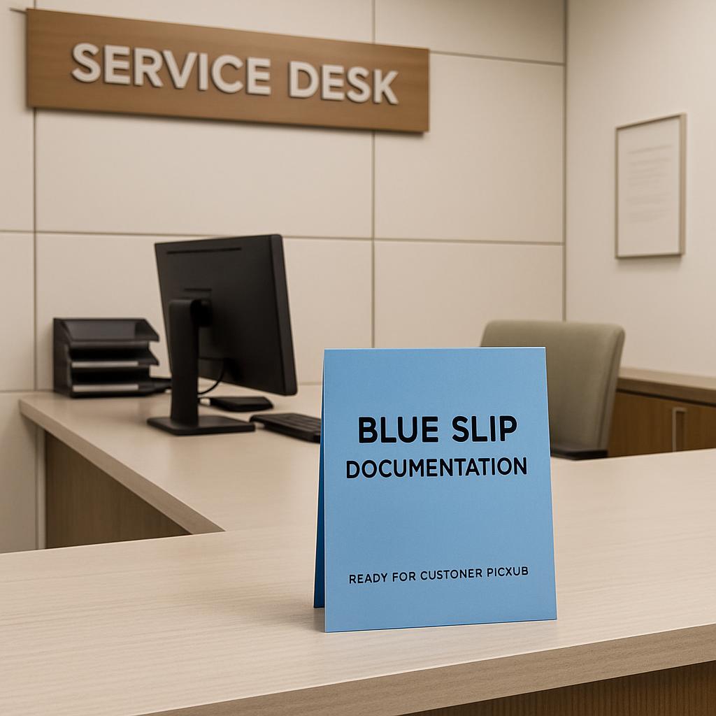 Blue slip documentation ready for customer pick up.